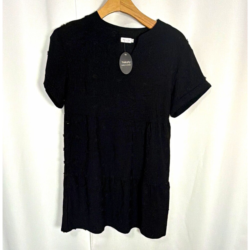 Yekaty Black V-Neck Short Sleeve Short Dress Stretch Woven Poly/Spandex L